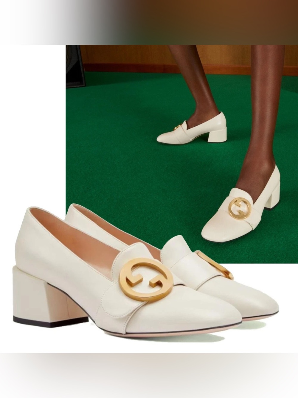 Gucci Cream Leather Block Heel Loafers with Gold G Logo